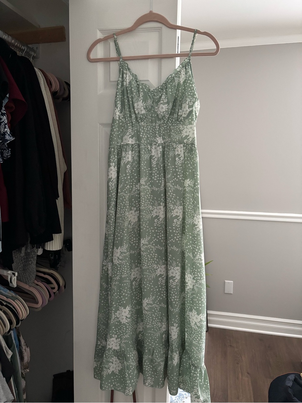 Simple Sage Green Floral Maxi Dress with Spaghetti Straps